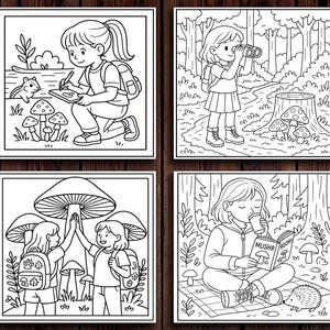 May include: Four black and white illustrations of children in a forest setting. One child sketches mushrooms, another uses binoculars, two give a high five under a mushroom, and the last reads a book with the word "Mushr" on it.