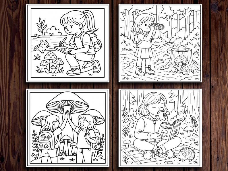May include: Four black and white illustrations of children in a forest setting. One child sketches mushrooms, another uses binoculars, two give a high five under a mushroom, and the last reads a book with the word "Mushr" on it.