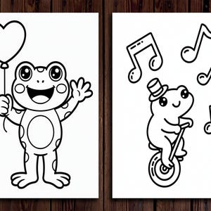 May include: Two black and white illustrations of cartoon frogs. One frog holds a heart-shaped balloon, waving with a smile. The other frog rides a unicycle, wearing a top hat, with musical notes around it. The illustrations are on white paper.