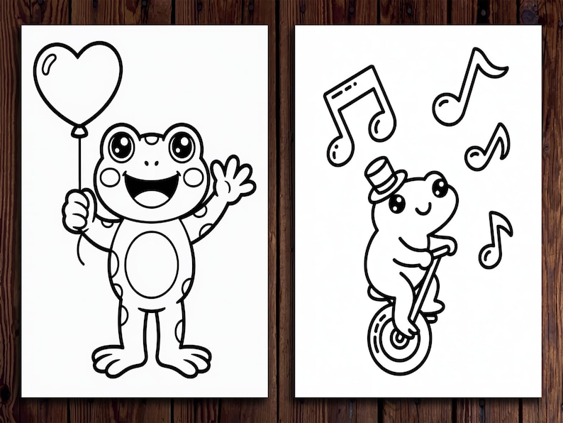 May include: Two black and white illustrations of cartoon frogs. One frog holds a heart-shaped balloon, waving with a smile. The other frog rides a unicycle, wearing a top hat, with musical notes around it. The illustrations are on white paper.
