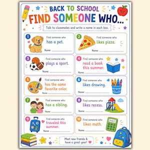 以下が含まれることがあります： 「Back to School Find Someone Who」と書かれたアクティビティシート。子犬、ピザ、スポーツボール、本、画材、子供たち、遊び場、スーツケース、計算機などのカラフルなイラストが描かれた10個の番号付きボックスとテキストが含まれています。