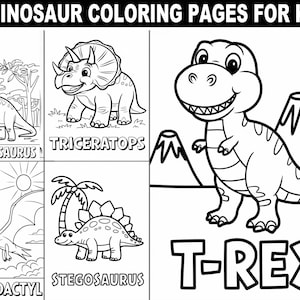 May include: Black and white coloring pages featuring different dinosaurs, including a Brachiosaurus, Triceratops, T-Rex, Pterodactyl, and Stegosaurus.  The pages are perfect for kids who love dinosaurs.