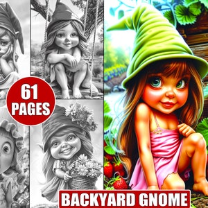 Whimsical Garden Gnome Coloring Pages: 61 Grayscale Scenes (Digital Download)