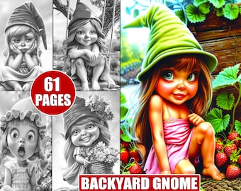 Whimsical Garden Gnome Coloring Pages: 61 Grayscale Scenes (Digital Download)