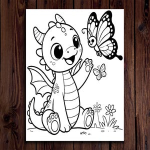 May include: Black and white illustration of a friendly cartoon dragon with large eyes, wings, and horns, reaching towards a butterfly. A second butterfly and flowers are also present, creating a whimsical scene.