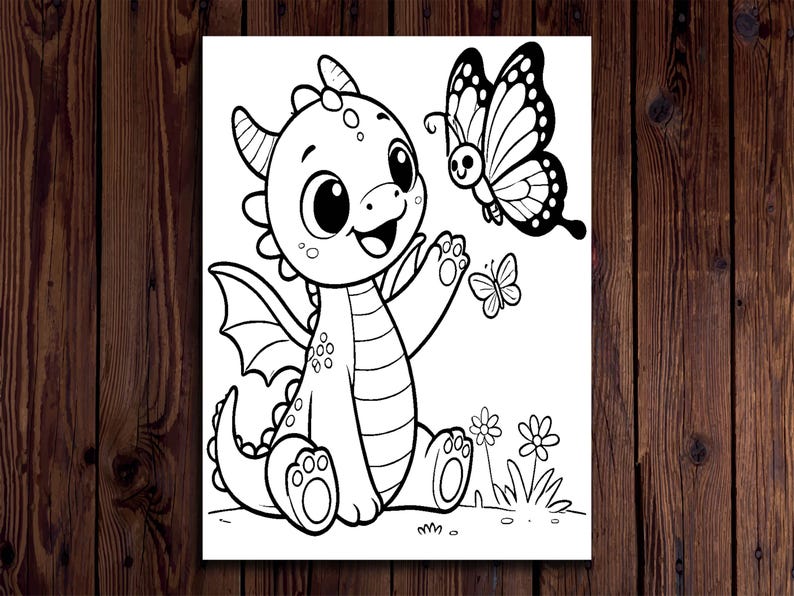 May include: Black and white illustration of a friendly cartoon dragon with large eyes, wings, and horns, reaching towards a butterfly. A second butterfly and flowers are also present, creating a whimsical scene.