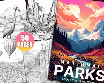 50 National Parks Coloring Pages for Adults, Nature Coloring Book for Stress Relief & Mindfulness, Printable Pdf, Digital Download
