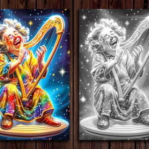 May include: A woman with curly hair sits on a platform and plays a golden harp. The harp is surrounded by a starry night sky with constellations. The woman is laughing and her robe is covered in constellations.