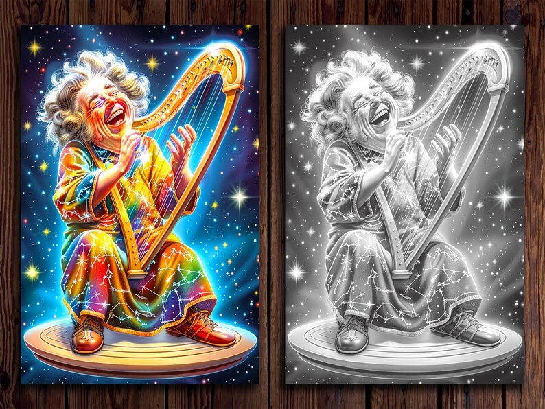 May include: A woman with curly hair sits on a platform and plays a golden harp. The harp is surrounded by a starry night sky with constellations. The woman is laughing and her robe is covered in constellations.