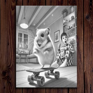 May include: A black and white illustration of a hamster riding a skateboard. The hamster is wearing a surprised expression and has its paws on the skateboard. A boy in pajamas is watching the hamster from behind.