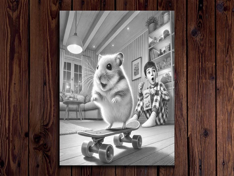 May include: A black and white illustration of a hamster riding a skateboard. The hamster is wearing a surprised expression and has its paws on the skateboard. A boy in pajamas is watching the hamster from behind.
