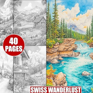 Puede incluir: Un libro para colorear de 40 páginas que presenta un paisaje de montaña suizo con una cascada, árboles y un pequeño pueblo. La portada muestra una ilustración colorida de la escena, mientras que las páginas interiores son en blanco y negro.