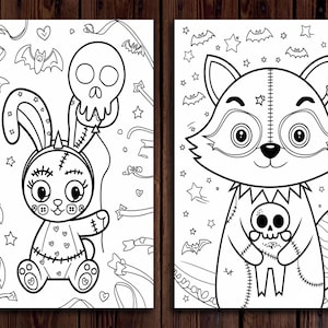 May include: Two black and white coloring pages featuring cute Halloween characters. The first page shows a stitched bunny rabbit holding a skull balloon. The second page shows a stitched raccoon holding a skull. Both pages are filled with bats, stars, and hearts.