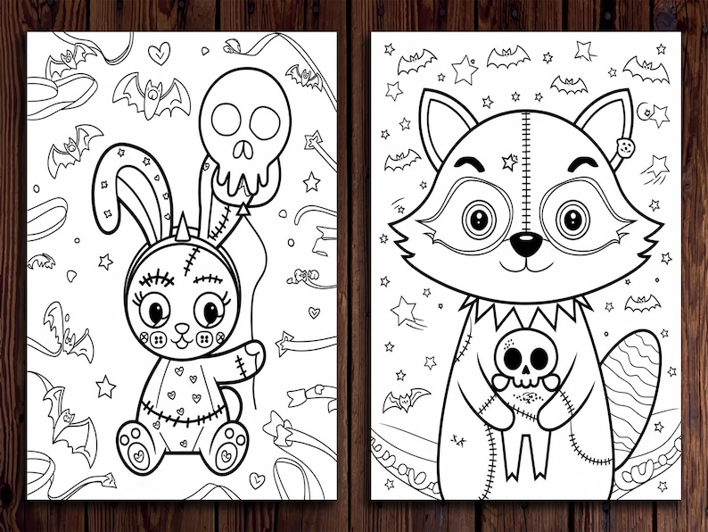 May include: Two black and white coloring pages featuring cute Halloween characters. The first page shows a stitched bunny rabbit holding a skull balloon. The second page shows a stitched raccoon holding a skull. Both pages are filled with bats, stars, and hearts.