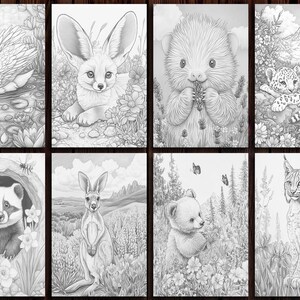 May include: A colouring book page featuring a variety of animals, including a swan, a fennec fox, a hedgehog, a leopard, a badger, a kangaroo, a bear cub, and a lynx. The animals are drawn in a realistic style and are surrounded by flowers and other foliage.