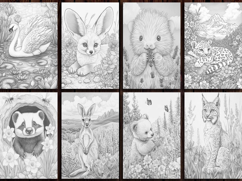 May include: A colouring book page featuring a variety of animals, including a swan, a fennec fox, a hedgehog, a leopard, a badger, a kangaroo, a bear cub, and a lynx. The animals are drawn in a realistic style and are surrounded by flowers and other foliage.