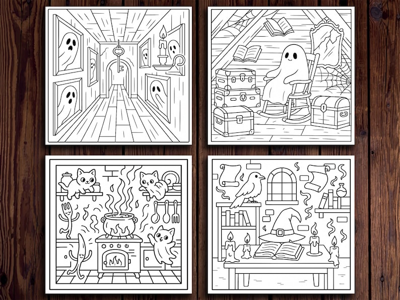 K&ouml;nnte beinhalten: Vier Halloween-Malvorlagen in Schwarzwei&szlig;. Die Bilder zeigen einen Spukflur mit Geistern, einen Geist in einem Schaukelstuhl, Katzen, die einen Trank kochen, und einen Hexentisch mit Hut und Kerzen.