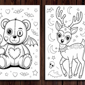 May include: Two black and white coloring pages featuring a teddy bear with wings and a lollipop and a deer with antlers and a spiked collar. Both images are surrounded by stars, hearts, bats, and moons.