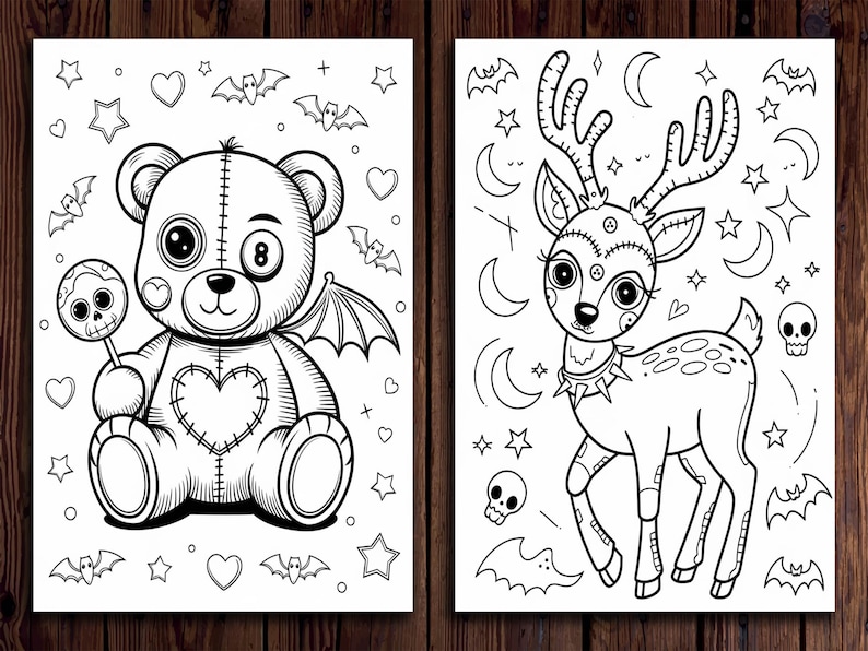May include: Two black and white coloring pages featuring a teddy bear with wings and a lollipop and a deer with antlers and a spiked collar. Both images are surrounded by stars, hearts, bats, and moons.