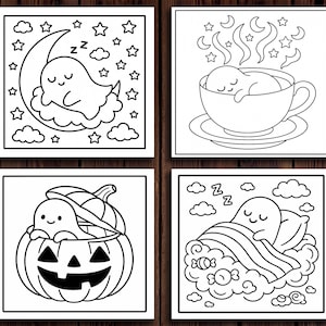 K&ouml;nnte beinhalten: Vier quadratische Schwarz-Wei&szlig;-Illustrationen mit einem niedlichen Geistercharakter. Eine Illustration zeigt den Geist, der auf einem Halbmond schl&auml;ft, eine andere in einer Teetasse, eine dritte in einem K&uuml;rbis und die letzte in einem Bett.