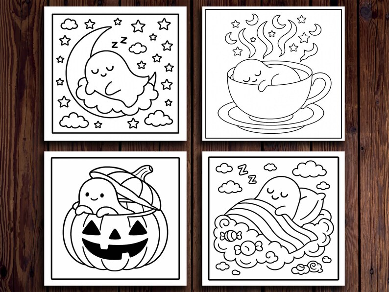 K&ouml;nnte beinhalten: Vier quadratische Schwarz-Wei&szlig;-Illustrationen mit einem niedlichen Geistercharakter. Eine Illustration zeigt den Geist, der auf einem Halbmond schl&auml;ft, eine andere in einer Teetasse, eine dritte in einem K&uuml;rbis und die letzte in einem Bett.