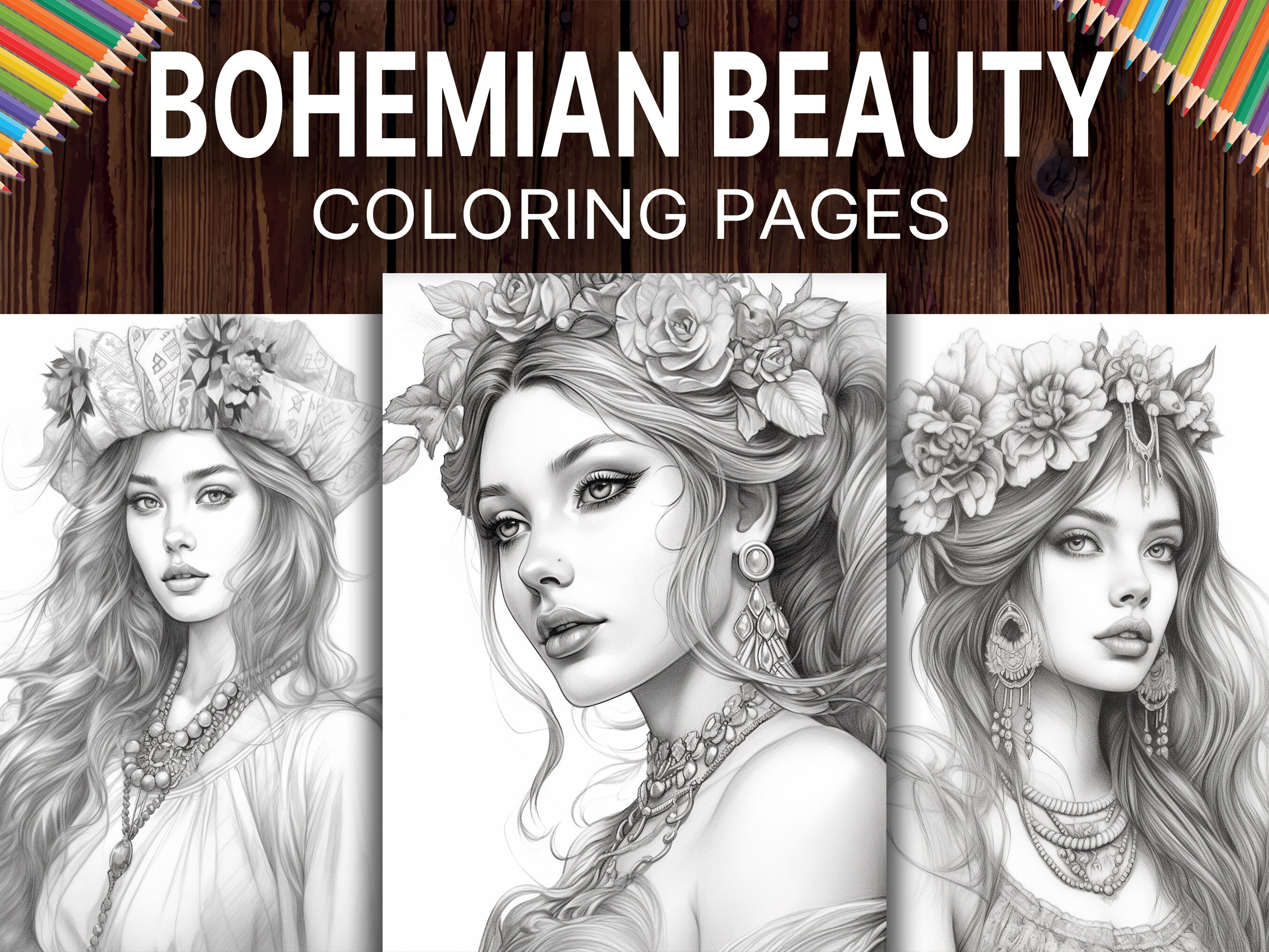 50 Bohemian Beauty Coloring Pages for Adults A Women Coloring - Etsy