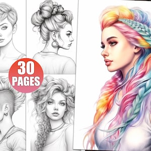 Women&#39;s Hairstyles Coloring Book: 50 Grayscale Pages for Adults (Printable PDF)