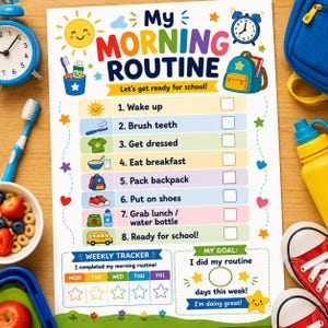 Puede incluir: Una lista de control matutina de papel blanco para niños con ilustraciones coloridas de un sol, una mochila, un cepillo de dientes y un autobús escolar. El texto dice My Morning Routine, Let's get ready for school, e incluye ocho tareas numeradas con casillas y un rastreador semanal.