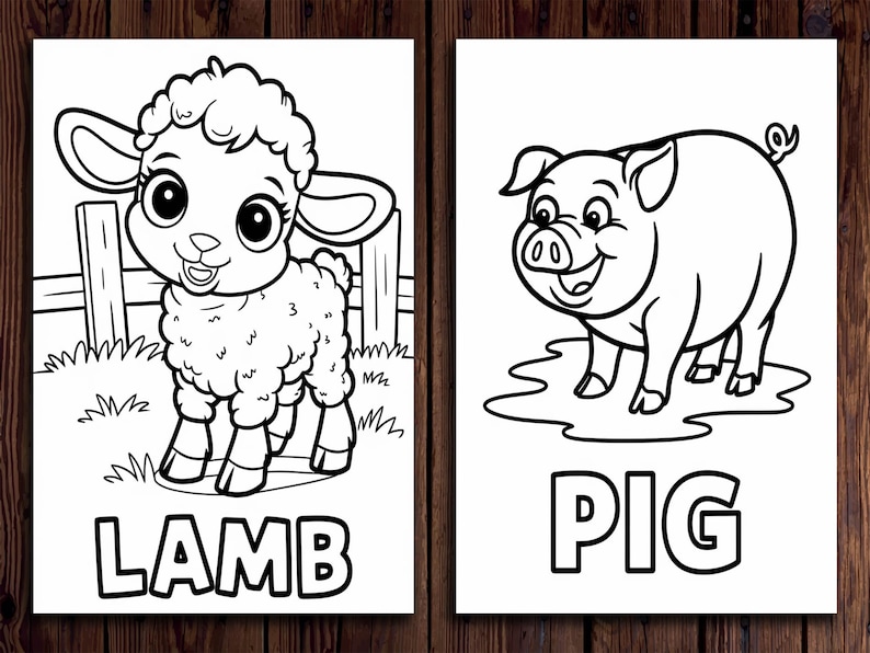 K&ouml;nnte beinhalten: Zwei Schwarz-Wei&szlig;-Illustrationen auf wei&szlig;em Papier. Eine zeigt ein l&auml;chelndes Lamm mit dem Wort "LAMB" darunter. Die andere zeigt ein l&auml;chelndes Schwein mit dem Wort "PIG" darunter. Die Bilder befinden sich auf einem dunklen Holzgrund.