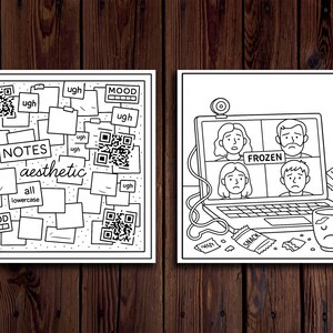 May include: Two black and white illustrations on a wooden background. The left image features the words "NOTES aesthetic all lowercase" with "ugh" and QR code graphics. The right image shows a laptop with a video call and the word "FROZEN".