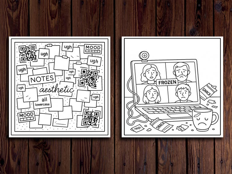 May include: Two black and white illustrations on a wooden background. The left image features the words "NOTES aesthetic all lowercase" with "ugh" and QR code graphics. The right image shows a laptop with a video call and the word "FROZEN".