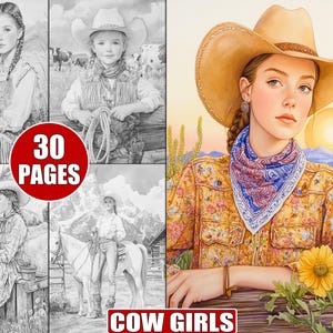 30 Printable Cow Girls Coloring Pages in Grayscale for Adults, Western Lifestyle and Country Girl Art, Creative Western Coloring Book