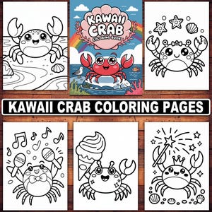 Dibujos para colorear de cangrejos kawaii / 20 adorables diseños de criaturas marinas para niños y adultos / Libro para colorear de cangrejos y animales del océano imprimible en PDF