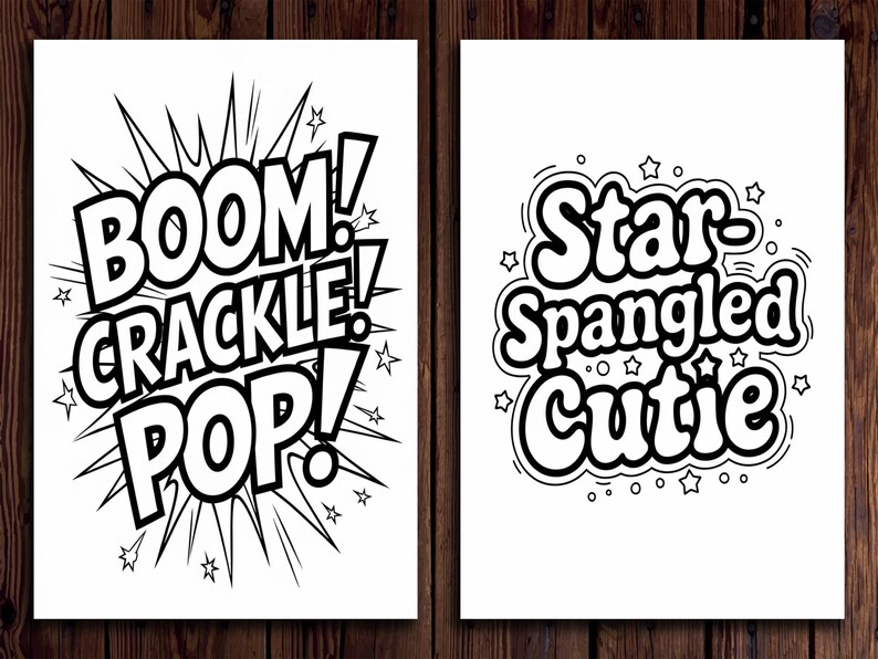 May include: Two black and white comic-style prints. One says "BOOM! CRACKLE! POP!" with starburst and star accents. The other says "Star-Spangled Cutie" with star accents. Both are on white backgrounds.