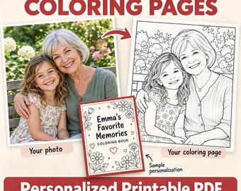 Custom Photo Coloring Book, 5 Personalized Pages with Cover, Printable Family Keepsake PDF Download