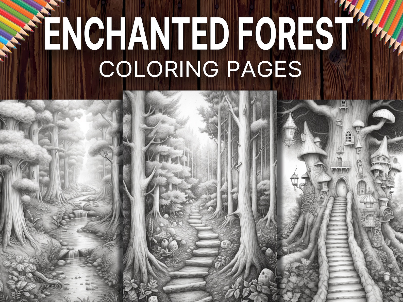 50 Enchanted Forest Coloring Pages for Adults A Grayscale - Etsy