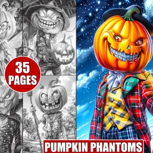 Puede incluir: Un libro para colorear con 35 páginas que presenta personajes de calabaza con expresiones espeluznantes y caprichosas. La portada presenta una cabeza de calabaza con un sombrero de copa y una camisa a cuadros que sostiene una linterna.