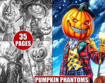Pumpkin Phantoms Coloring Pages: Spooky Halloween Grayscale Art (Printable Digital Download))