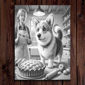 May include: A black and white illustration of a woman in a kitchen with a dog. The woman is wearing an apron and holding a spoon. The dog is a corgi and is looking at the camera. There is a pie on the counter in front of them.