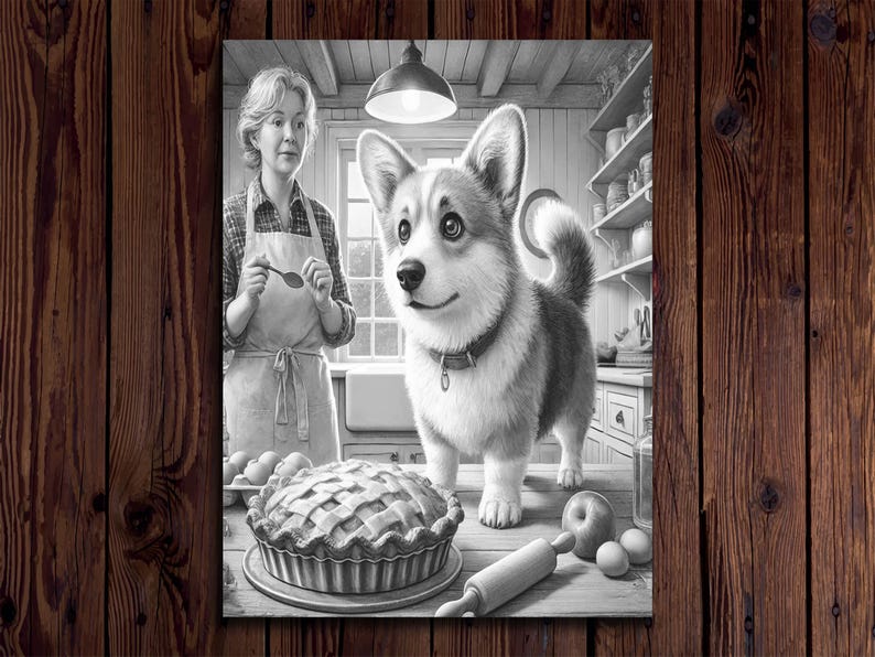 May include: A black and white illustration of a woman in a kitchen with a dog. The woman is wearing an apron and holding a spoon. The dog is a corgi and is looking at the camera. There is a pie on the counter in front of them.