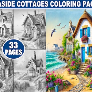Seaside Cottages – 33 Grayscale Adult Coloring Pages of Coastal Cottage Art, Oceanfront Views, and Nautical-Themed Beach House Illustrations