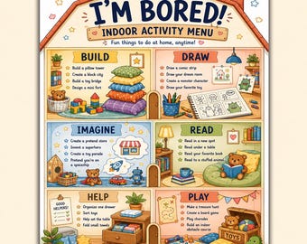 I’m Bored Indoor Activity Menu Printable | Screen Free Activities for Kids, Boredom Buster