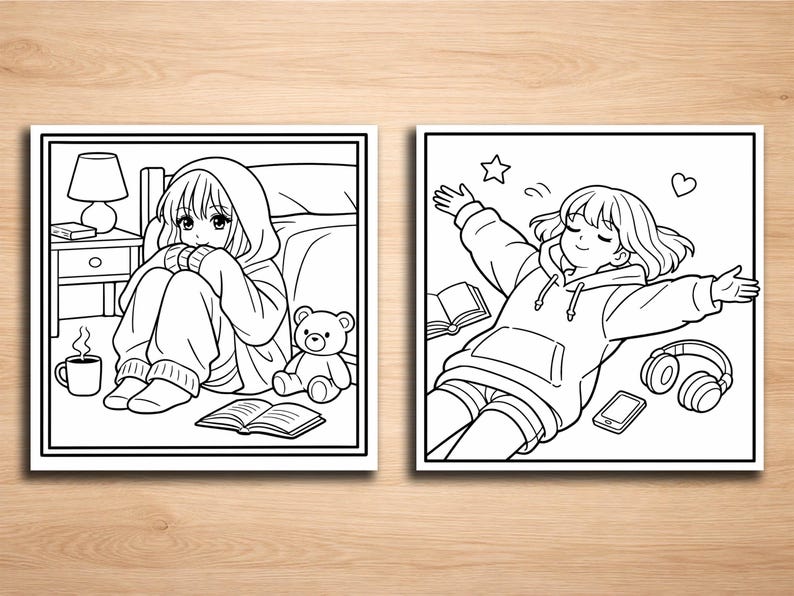 K&ouml;nnte beinhalten: Zwei Schwarz-Wei&szlig;-Illustrationen von Charakteren im Anime-Stil. Eine zeigt eine Person in einem Kapuzenpullover, die mit einem Buch, einem Teddyb&auml;r und Kaffee sitzt. Die andere zeigt eine Person in einem Kapuzenpullover, die mit ausgestreckten Armen, einem Telefon, Kopfh&ouml;rern und einem Buch liegt.