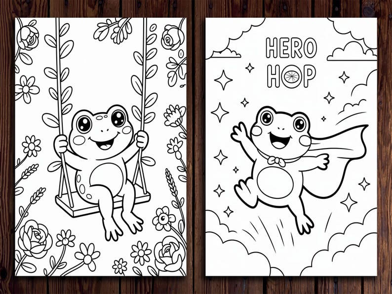 May include: Two black and white coloring pages featuring cartoon frogs. One frog is on a swing surrounded by flowers, and the other is a superhero frog with the text "HERO HOP".