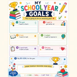 May include: A colorful school year goals worksheet featuring the text MY SCHOOL YEAR GOALS and This is going to be an amazing year. It includes seven numbered sections for writing learning objectives, reading goals, and habits, plus a space to draw.