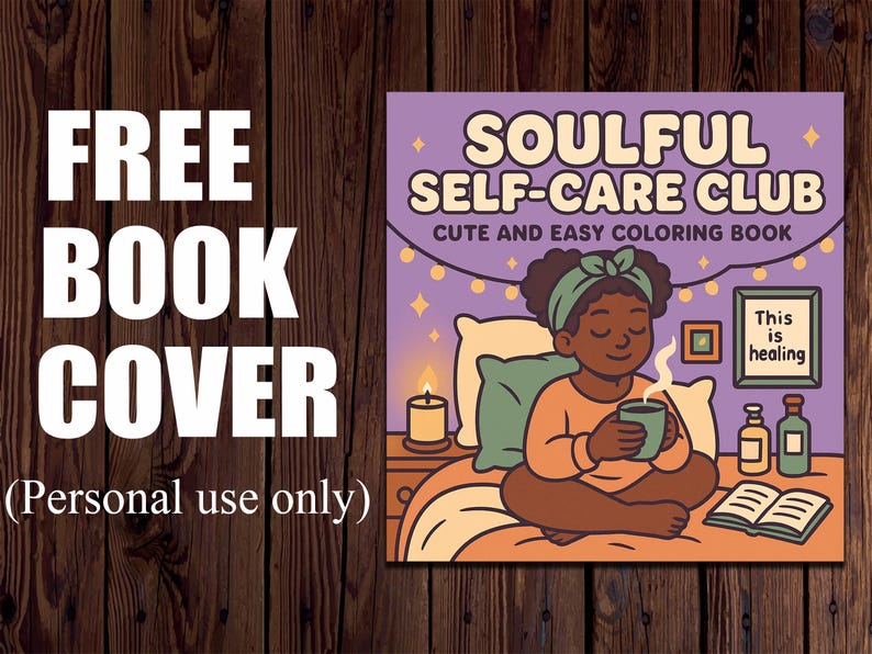 Op de afbeelding: Een kleurboekcover met de tekst "SOULFUL SELF-CARE CLUB" en "CUTE AND EASY COLORING BOOK". De illustratie toont een persoon die in kleermakerszit zit, een mok vasthoudt, met een kaars en de woorden "This is healing".
