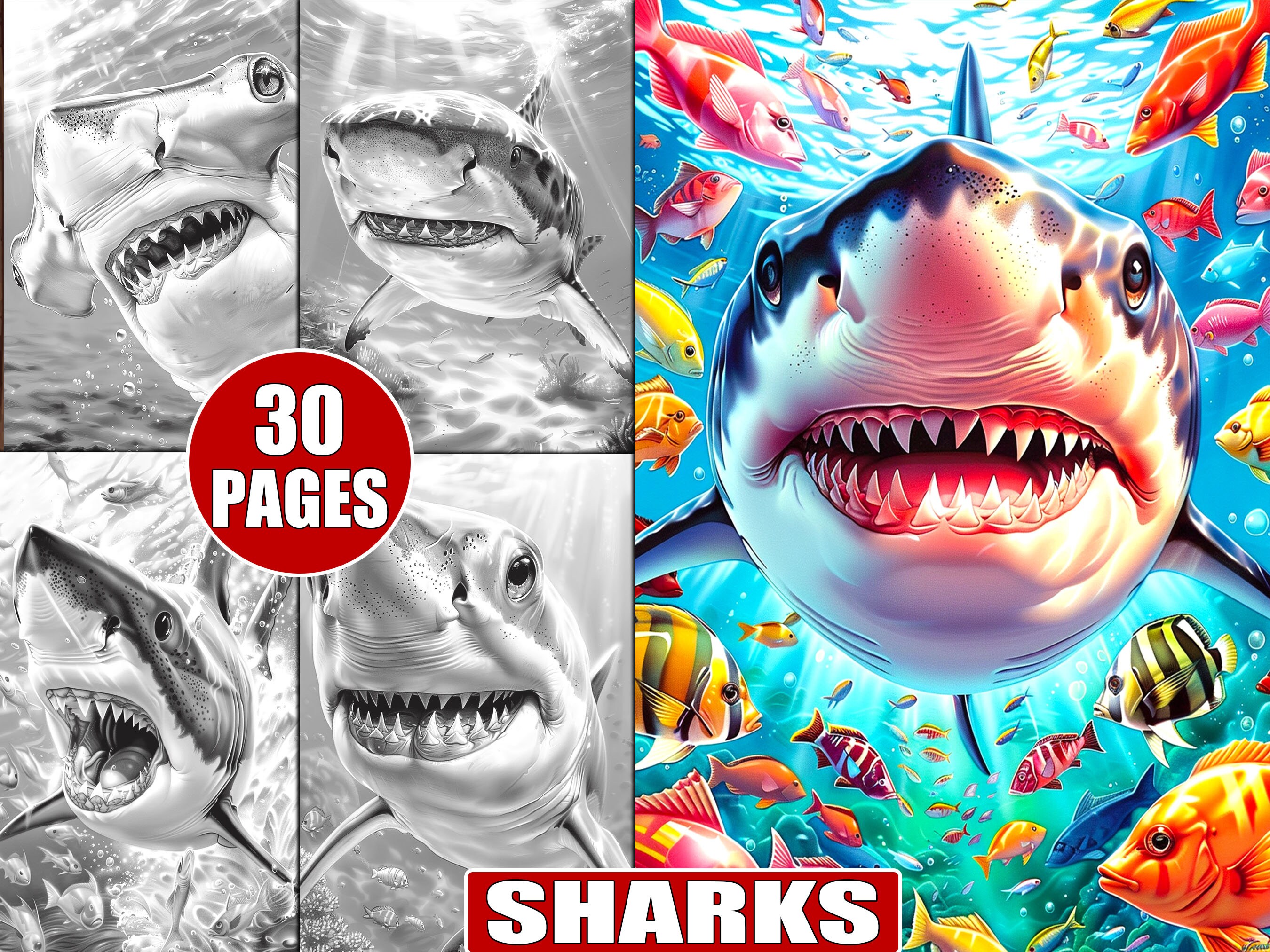 30 Printable Sharks Coloring Pages in Grayscale for Adults, Aquatic Sea Creatures, Underwater Ocean Life Stress Relief Coloring Book Sheets