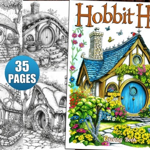 May include: A coloring book featuring a hobbit house with a blue door and a lush green garden. The book cover has the title "Hobbit House Coloring Book" and says "35 Pages".