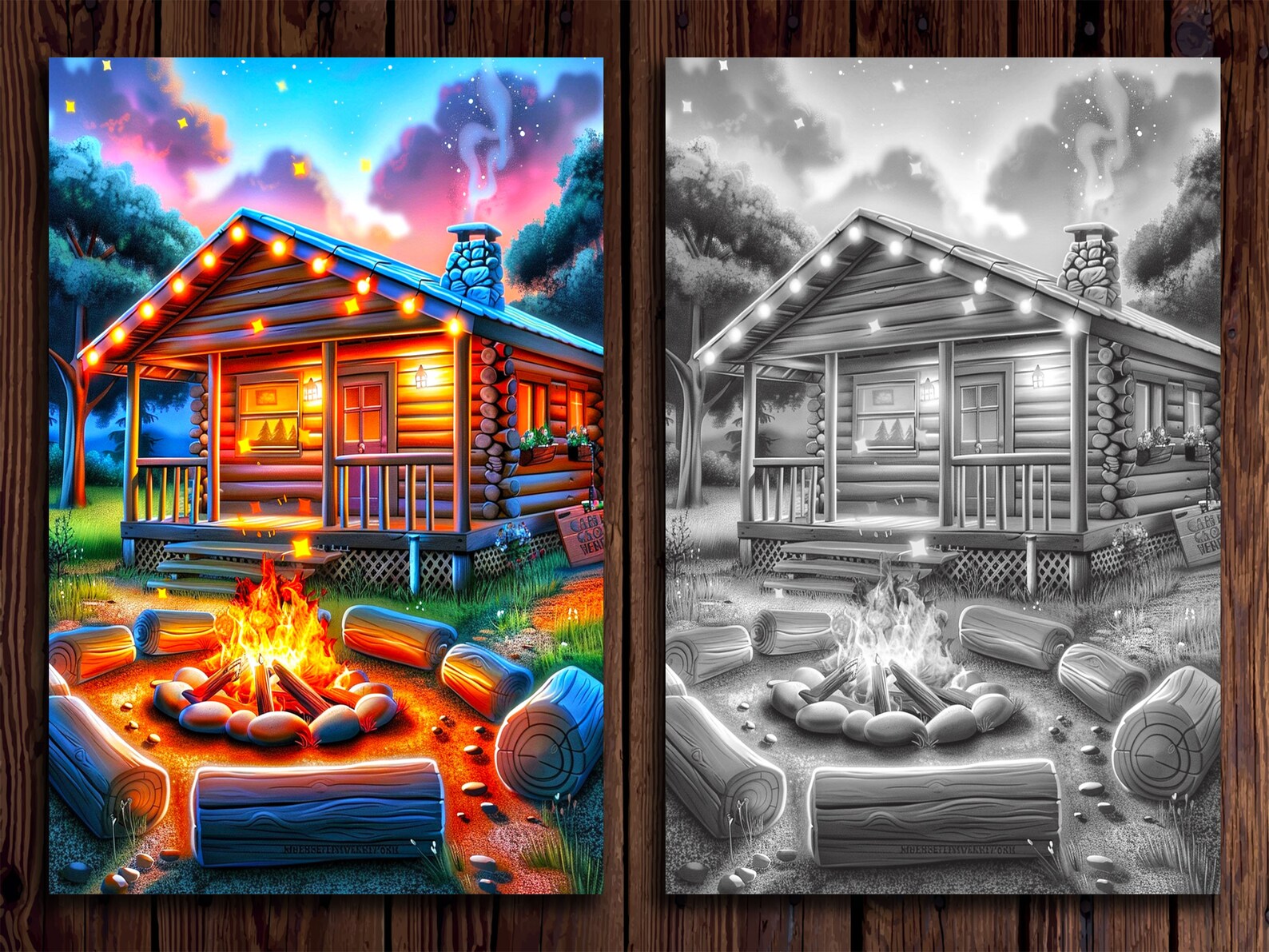 Cozy Cabin in the Woods Coloring Pages: Grayscale Rustic Forest Scenes ...