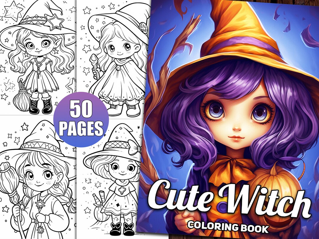 Cute Witch Coloring Pages for Kids & Adults, A Kawaii Halloween Coloring Book for Relaxation and ...
